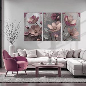 Τρίπτυχο Λουλούδια Grey and Pink 1